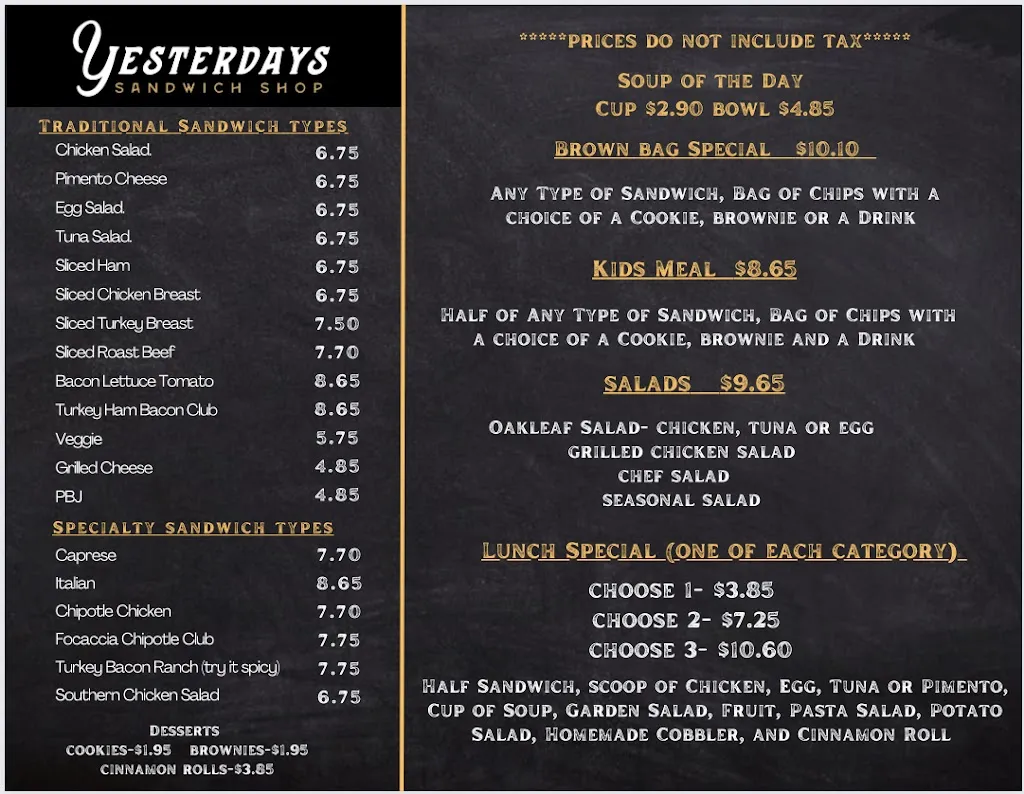 Menu_Yesterdays Sandwich Shop In Aledo_Aledo_image_1