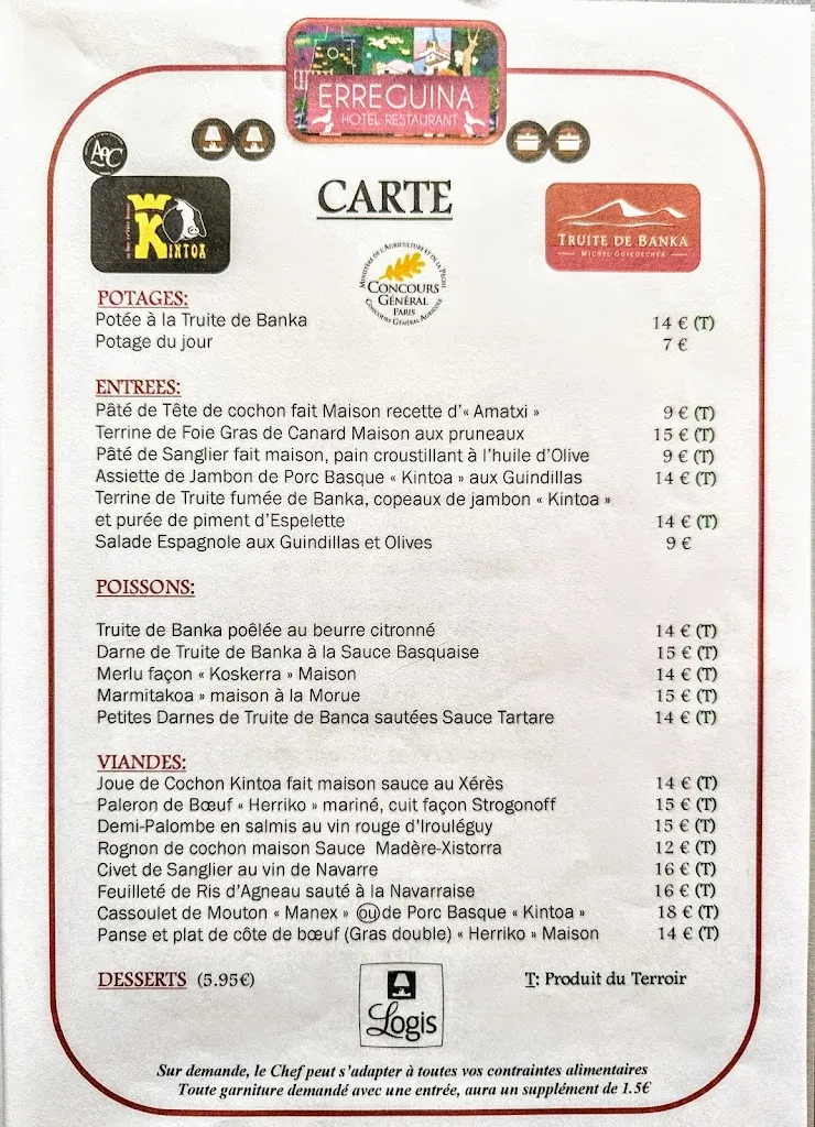 Menu_Auberge Hôtel-Restaurant Erreguina_Luzaide/Valcarlos_image_1