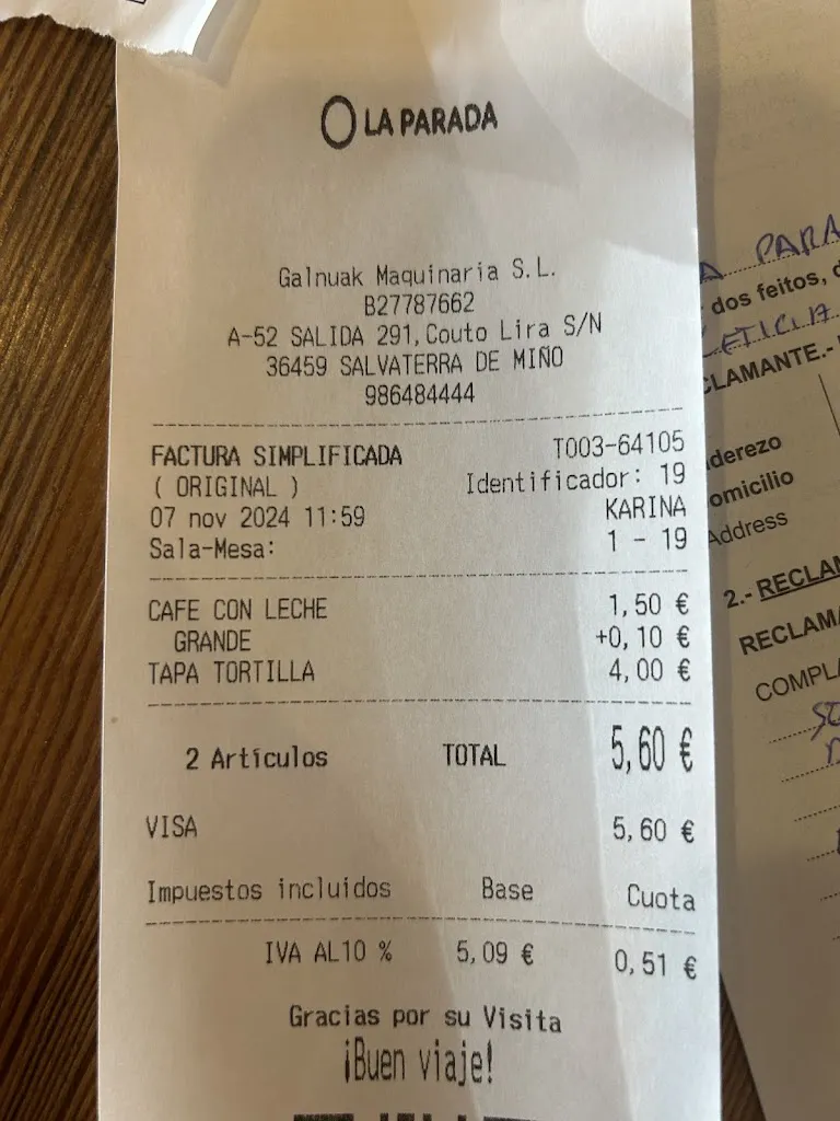 Leticia Rodríguez Rodríguez_Cafetería-Restaurante La Parada_Salvaterra de Miño_review