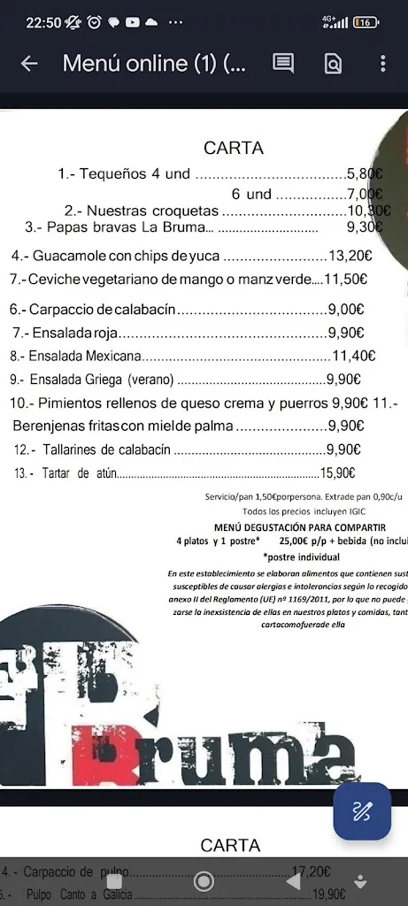Menu_La Bruma Restaurante_San Cristóbal de La Laguna_image_1