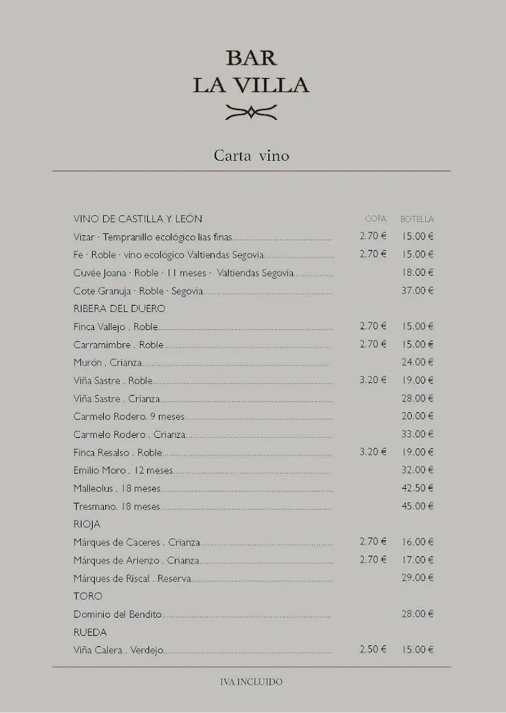 Menu_Bar La Villa_Aldealengua de Pedraza_image_1