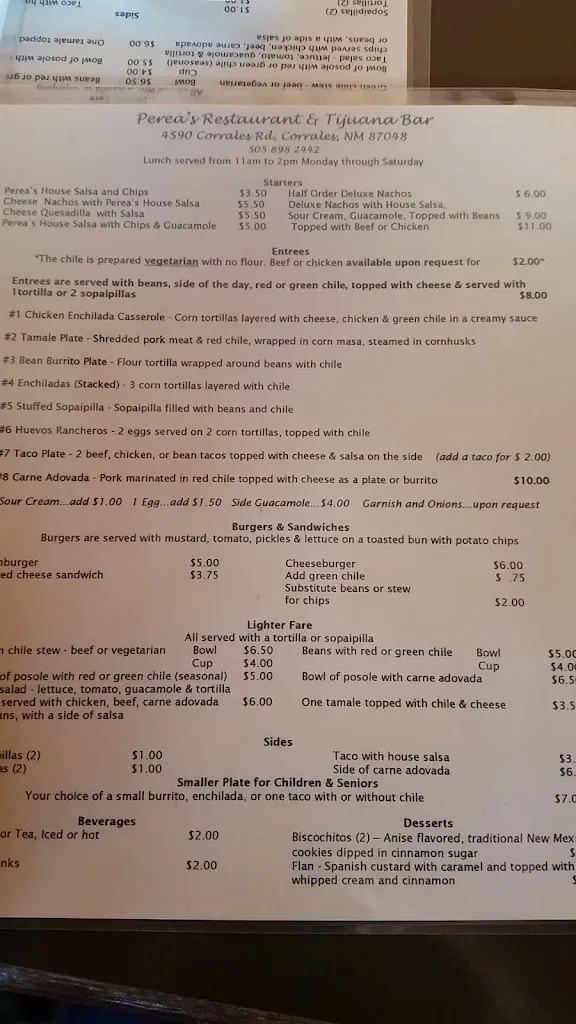 Menu_Perea's Restaurant_Corrales Los_image_1