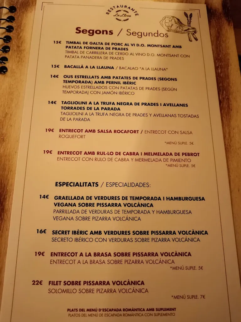 Menu_Restaurant La Llosa_Prades_image_1