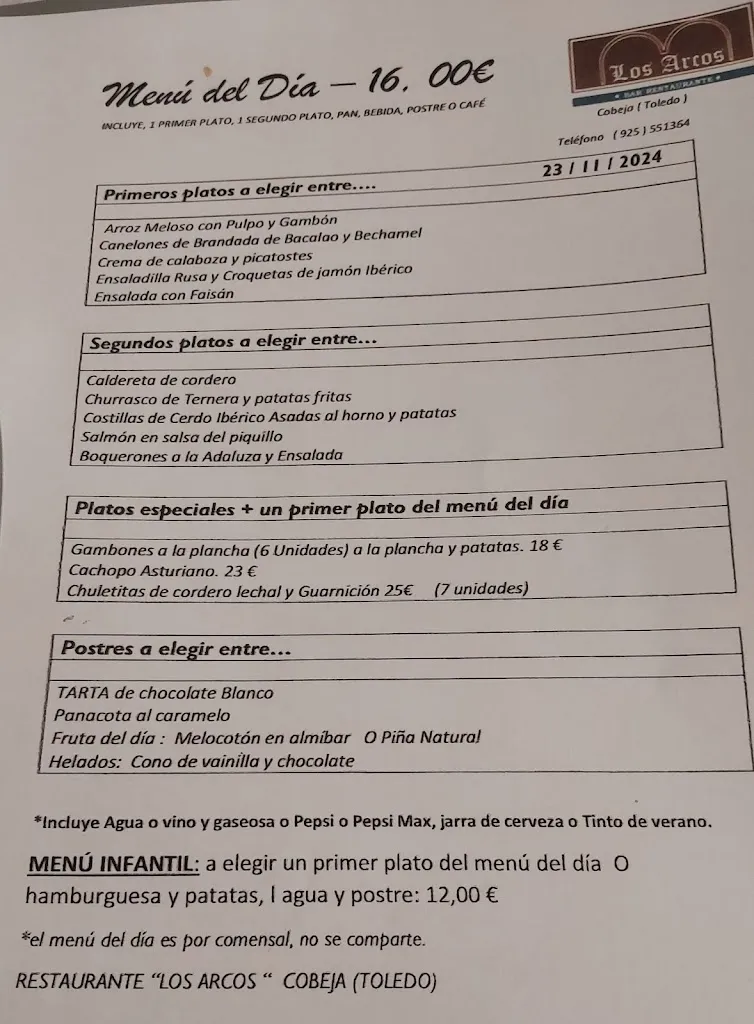 Menü_Bar Los Arcos Restaurante_Cobeja_Bild_1