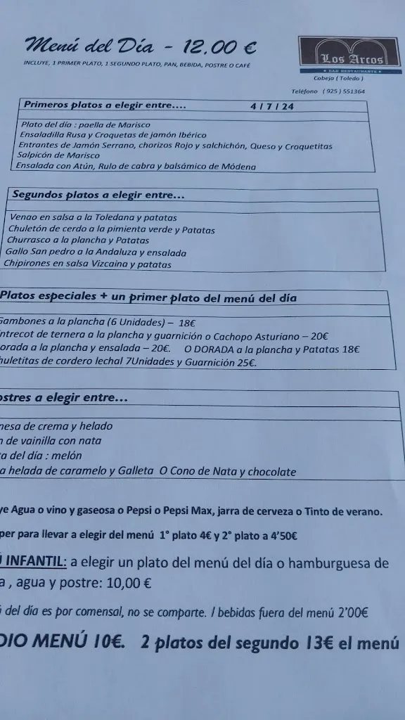 Menü_Bar Los Arcos Restaurante_Cobeja_Bild_2