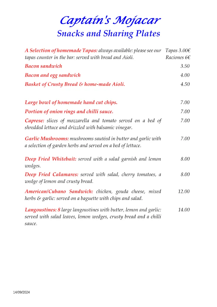 Menu_Captain's International Tapas & Restaurant_Mojacar_immagine_4