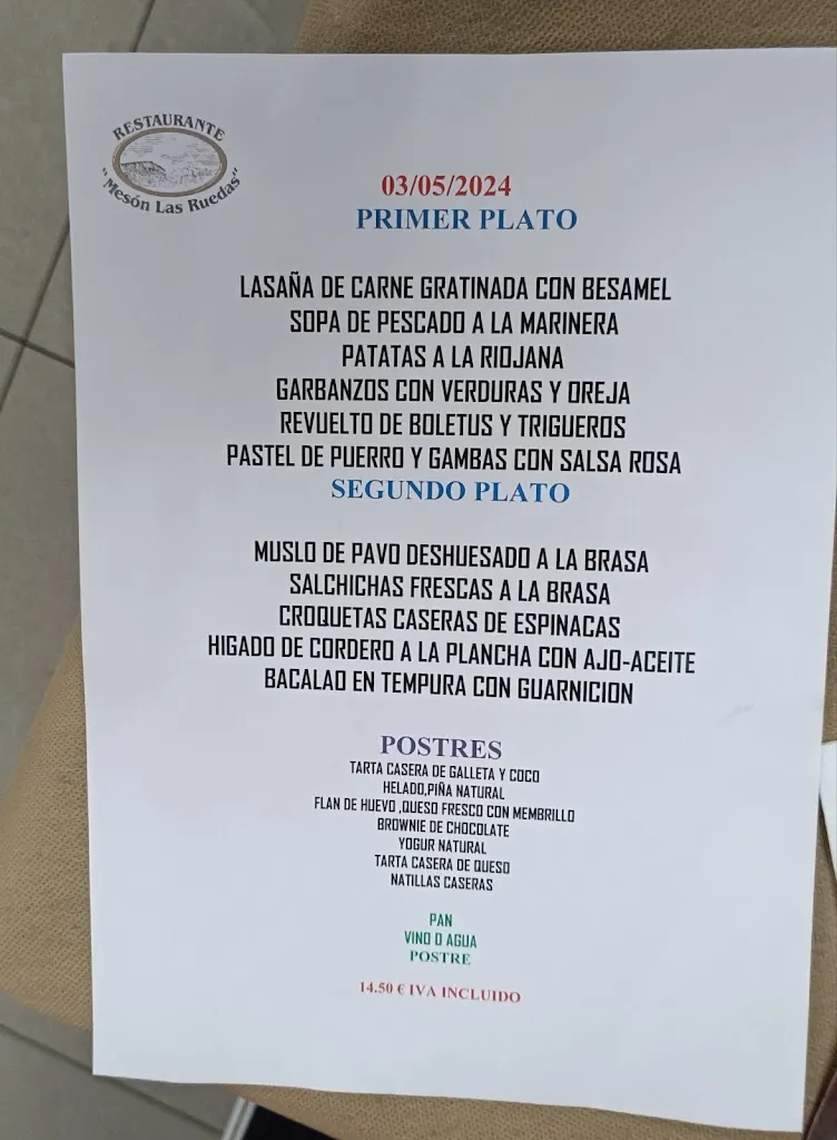 Menu_Hotel Las Ruedas - Mesón Las Ruedas, Borja_Bisimbre_image_4