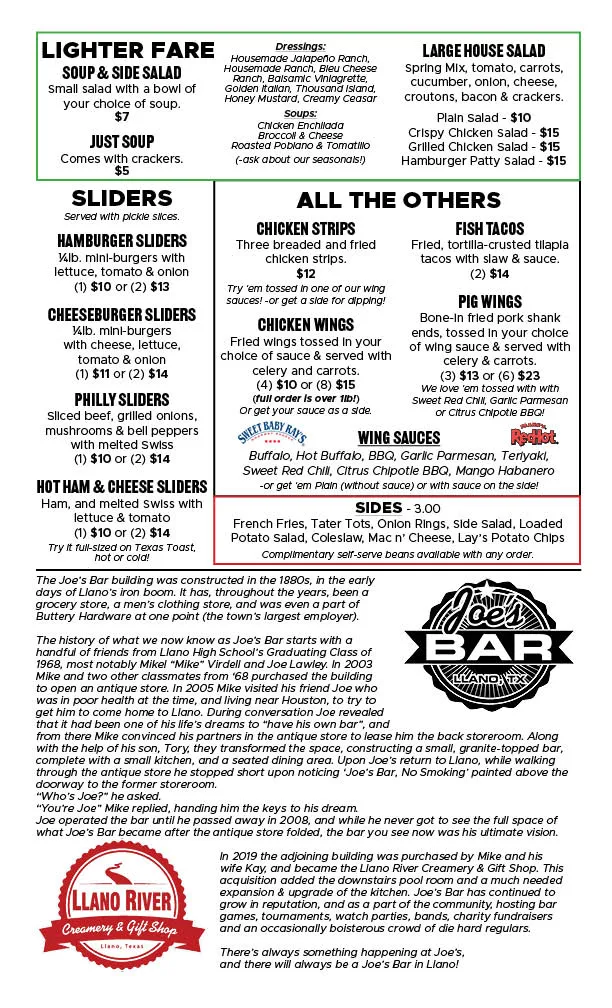 Menu_Joe's Bar in Llano_Illano_immagine_1