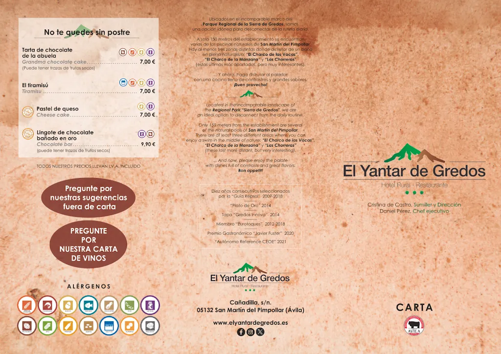 Menu_El Yantar De Gredos, Restaurant and Hotel_San Martín del Pimpollar_image_2