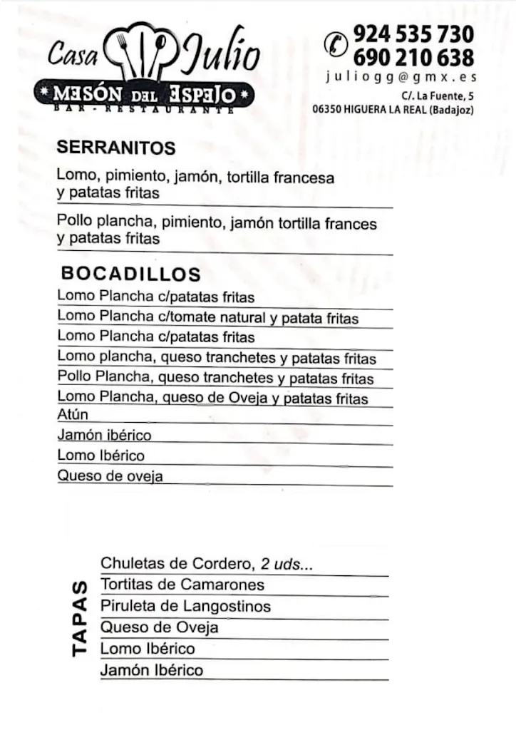 Menu_Casa Julio. Mesón del Espejo_Higuera la Real_image_1