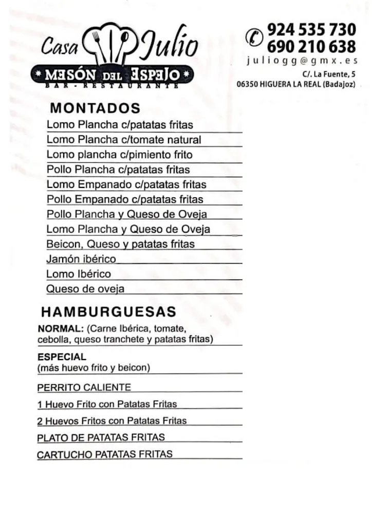 Menu_Casa Julio. Mesón del Espejo_Higuera la Real_image_2