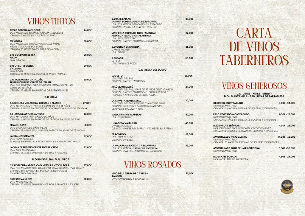 Menu_Restaurante Taberneros – Taberna de vinos en centro Madrid_Jerez de los Caballeros_immagine_1