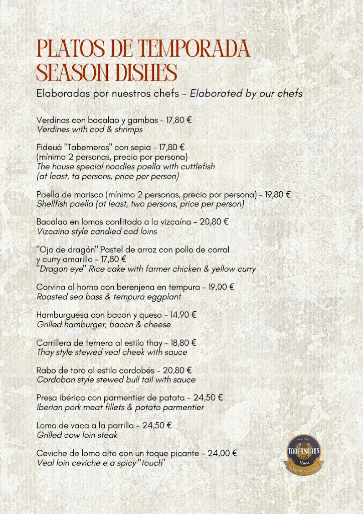 Menu_Restaurante Taberneros – Taberna de vinos en centro Madrid_Jerez de los Caballeros_immagine_4
