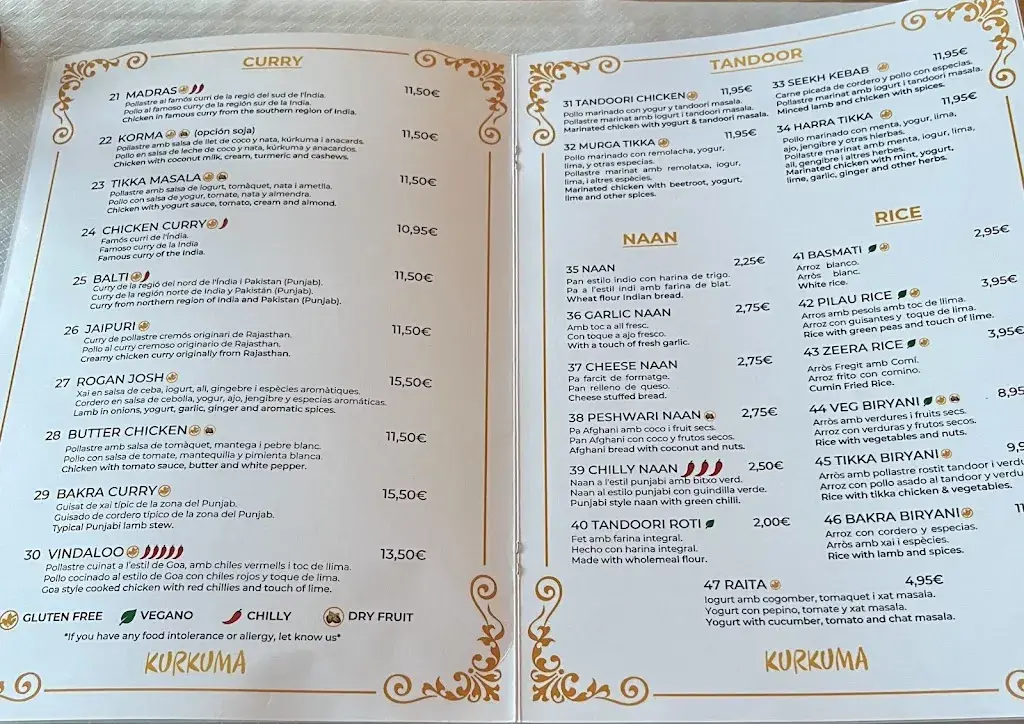 Menu_KURKUMA INDIAN RESTAURANT_Calella_image_1