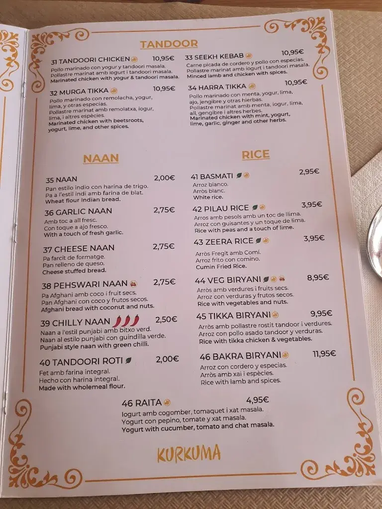 Menu_KURKUMA INDIAN RESTAURANT_Calella_image_3