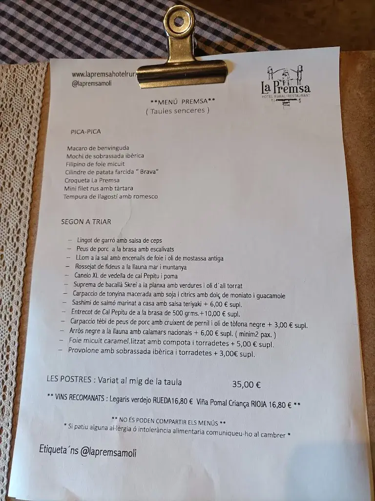 Menu_La Premsa Hotel Rural_Cardona_image_1