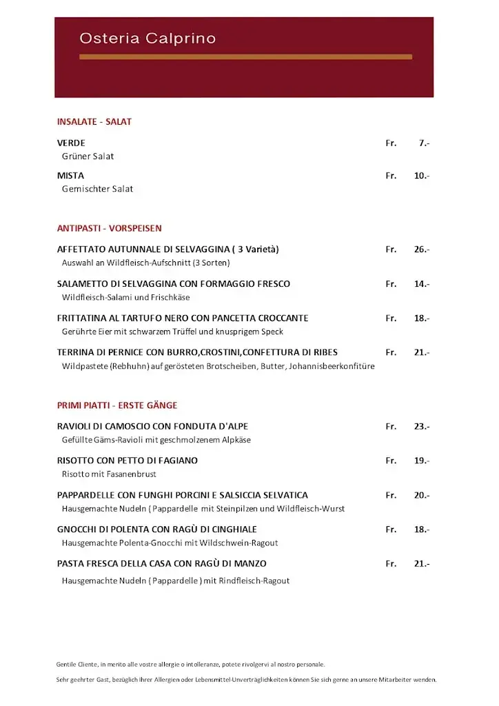 Osteria Calprino Restaurant in Paradiso
