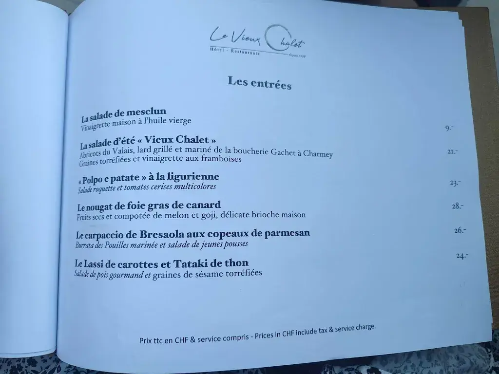Menu_Hôtel - Restaurants Le Vieux Chalet Charmey - Crésuz_Crésuz_image_3