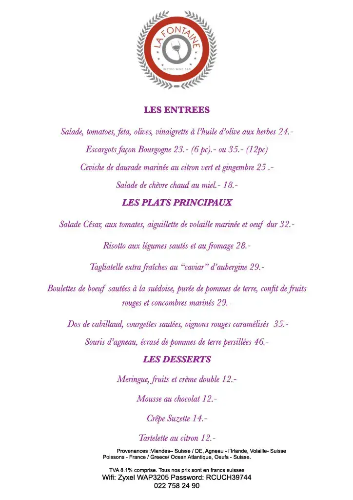 Menu_Restaurant La Fontaine_Pregny-Chambésy_image_1