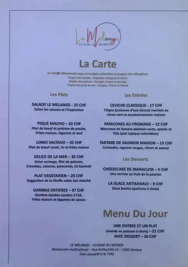 Menu_Restaurant Le Mélange - Cuisine du Monde_Genève_image_2