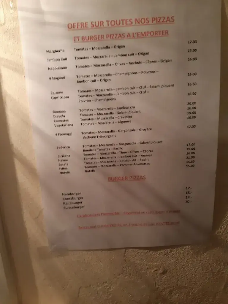 Menu_Restaurant/Pizzeria Le Claire Vue_Meyrin_image_2