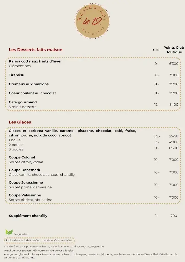 Steakhouse Le 12 restaurant à Courrendlin