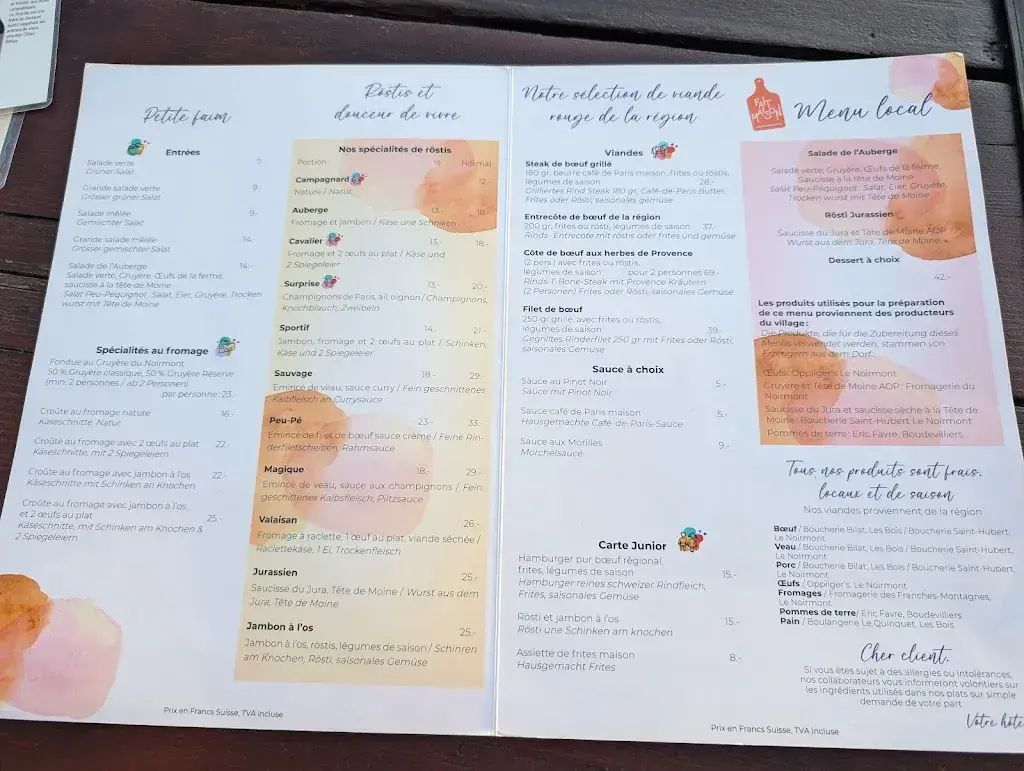 Menu_Hôtel Auberge du Peu-Péquignot_Le Noirmont_image_2