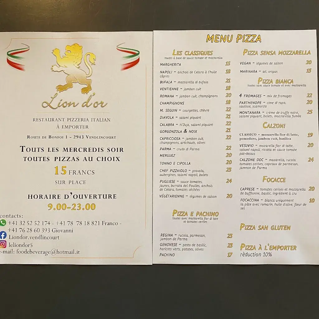 Restaurant pizzeria Le Lion d'Or Restaurant in Vendlincourt
