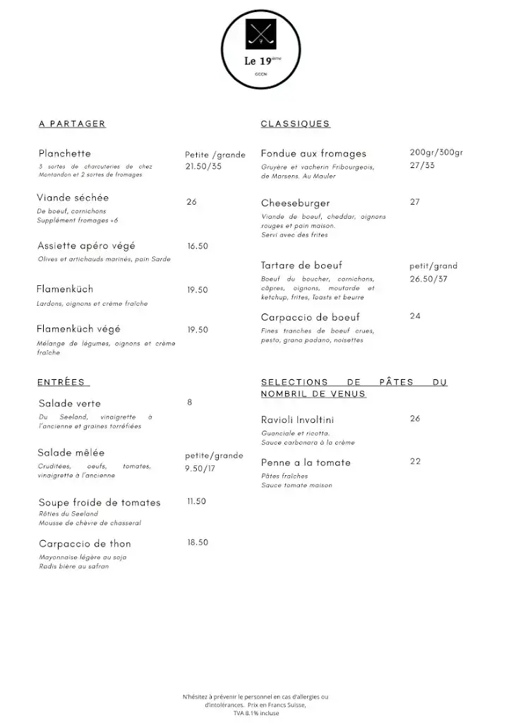Menu_Le 19ième, restaurant du golf de Neuchâtel_Saint-Blaise_imagen_1