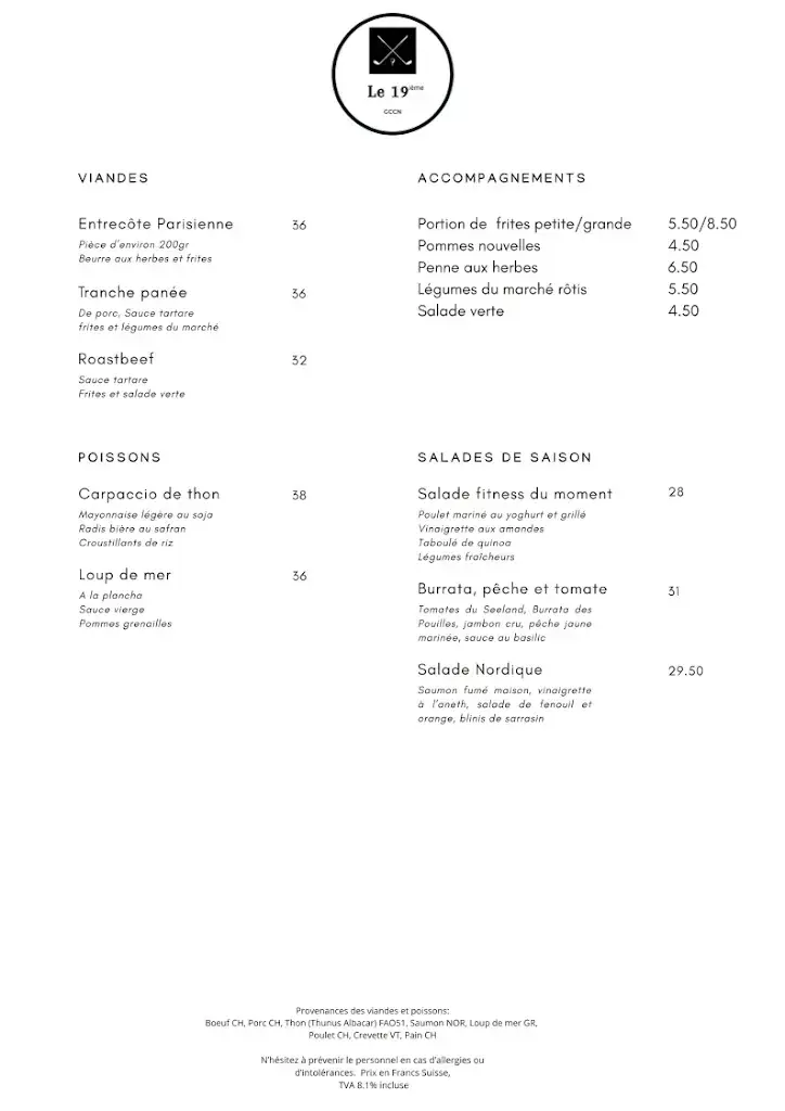 Menu_Le 19ième, restaurant du golf de Neuchâtel_Saint-Blaise_imagen_2