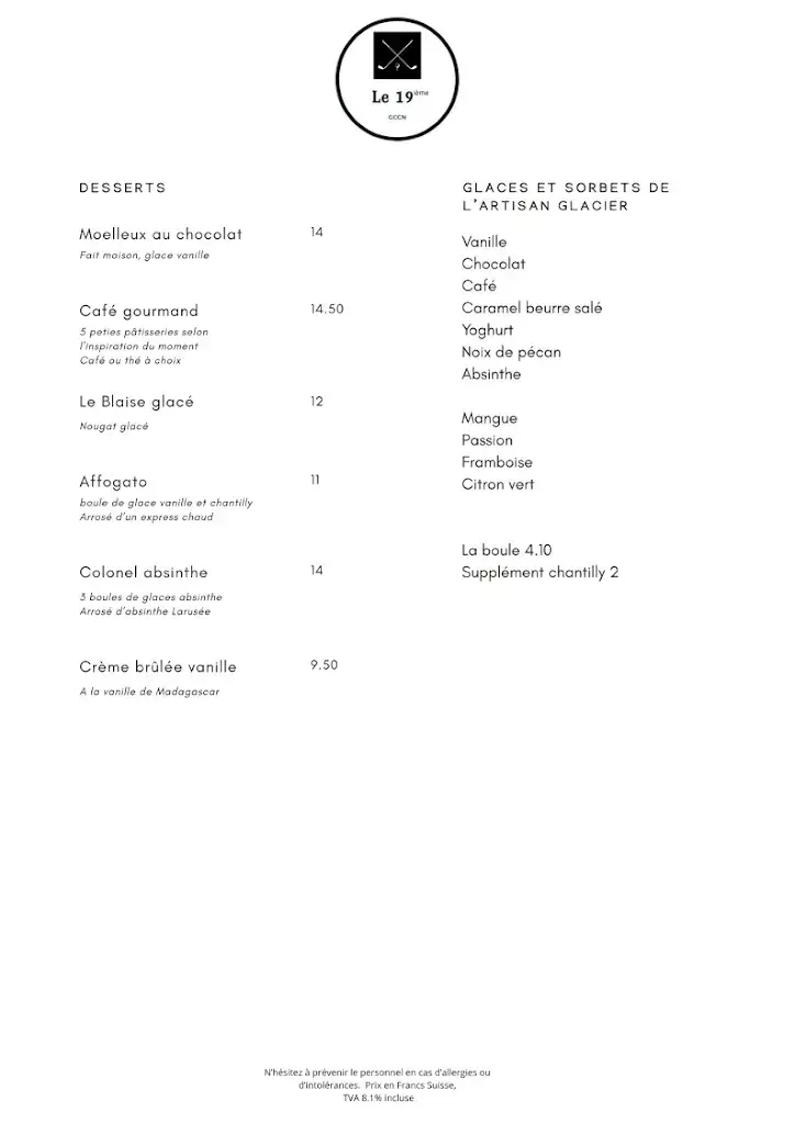 Menu_Le 19ième, restaurant du golf de Neuchâtel_Saint-Blaise_imagen_3