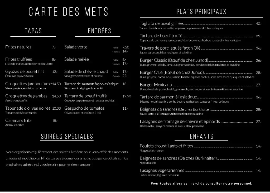 Menu_O'lé Restaurant Lounge_La Neuveville_image_1