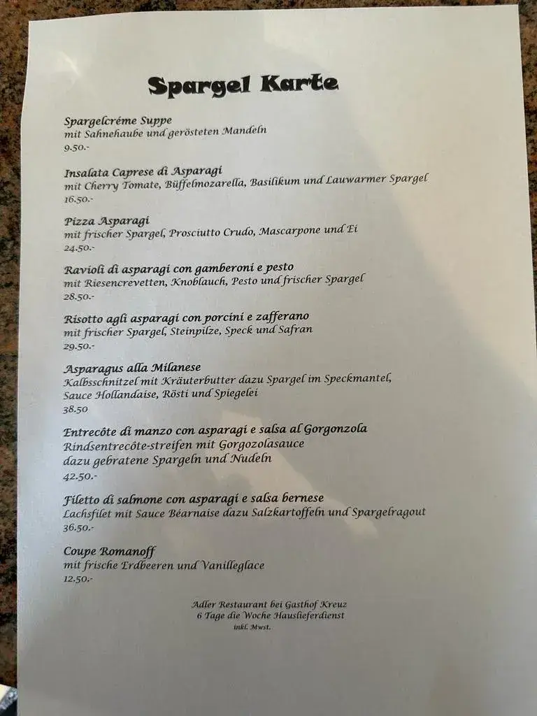 Menü_Adler Restaurant Pizzeria bei Gasthof Kreuz_Aesch_Bild_2