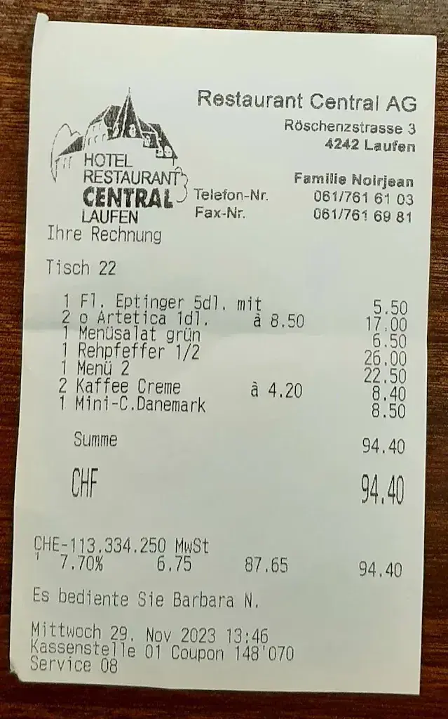 Dieter Scherrer_Restaurant Central AG_Laufen_review