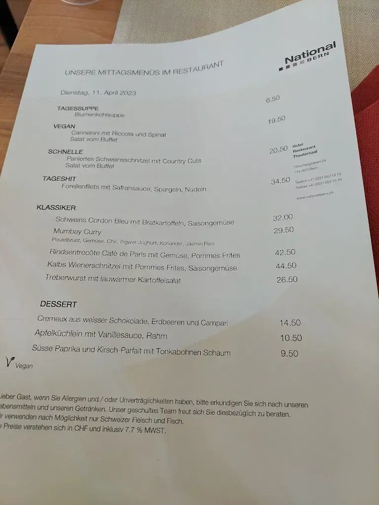 Menu_Restaurant National Bern_Bern_image_1