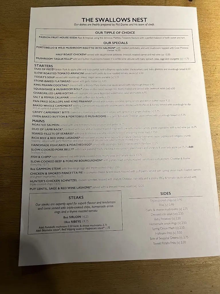 Menu_The Swallow's Nest_Halesowen_image_4