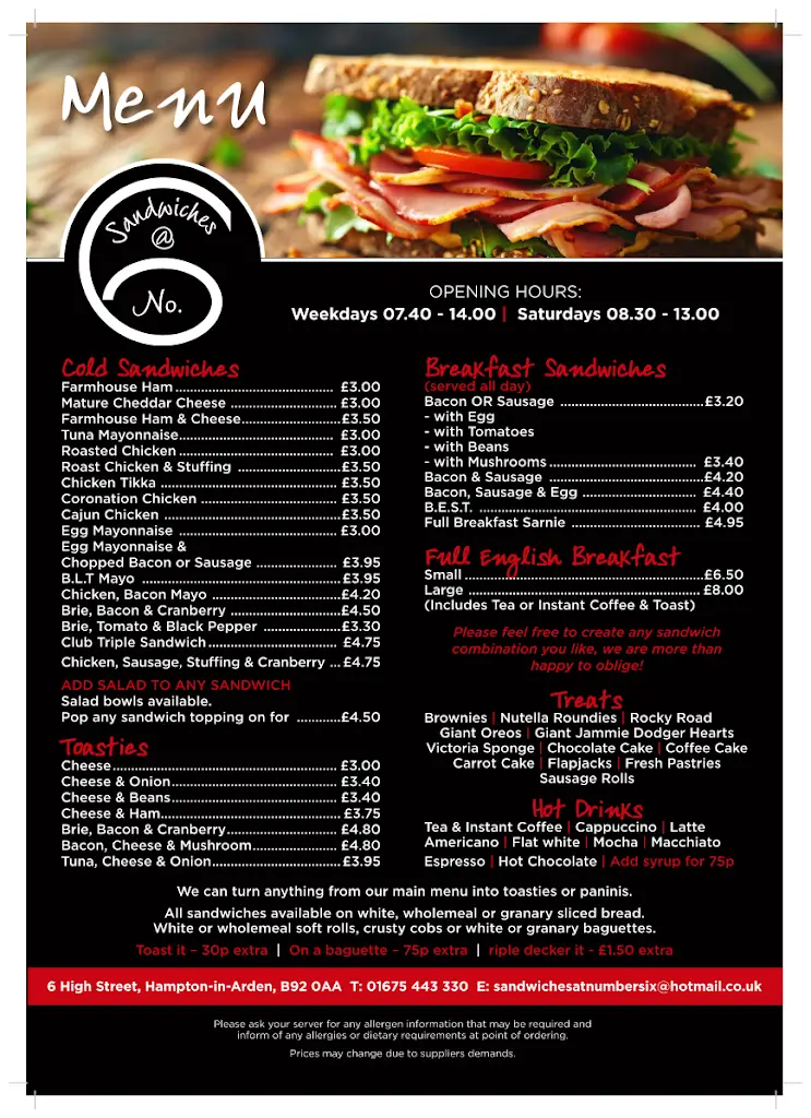 Menu_Sandwiches @ No.6_Hampton in Arden_image_1
