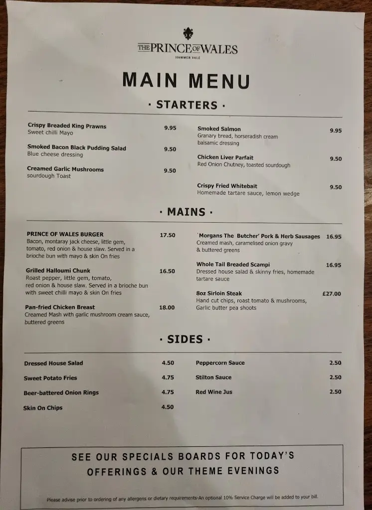 Menu_The Prince of Wales_Haslemere_image_1