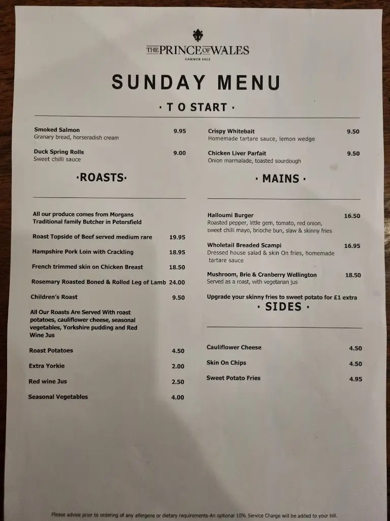 Menu_The Prince of Wales_Haslemere_image_3