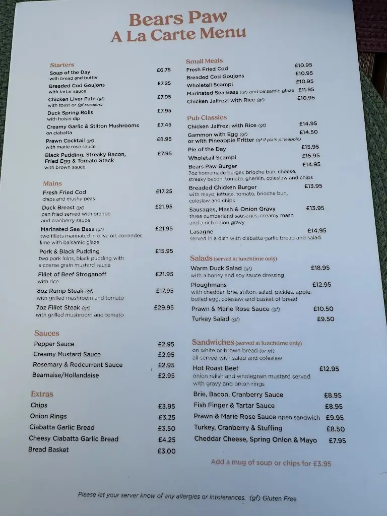 Menu_Bears Paw Country Inn & Restaurant_High Legh_image_1