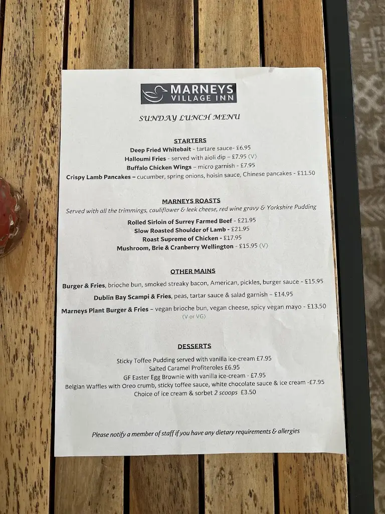 Menu_Marney's Village Inn_Hinchley Wood_image_1