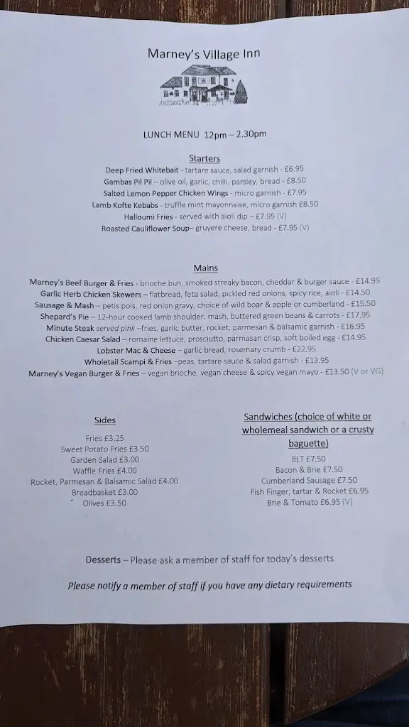 Menu_Marney's Village Inn_Hinchley Wood_image_3