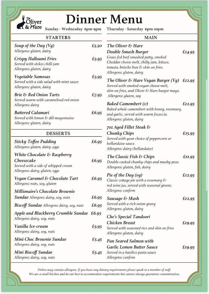 Menu_The Oliver and Hare_Hockliffe_image_4