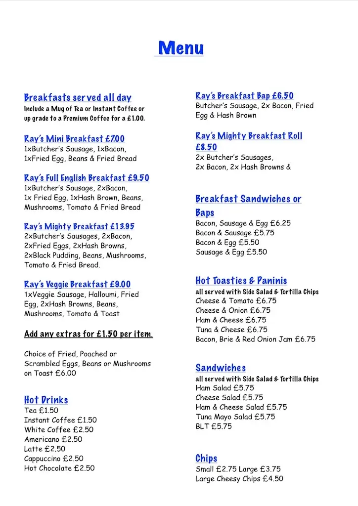Menu_The New Rays Roadhouse_Huntspill_image_1