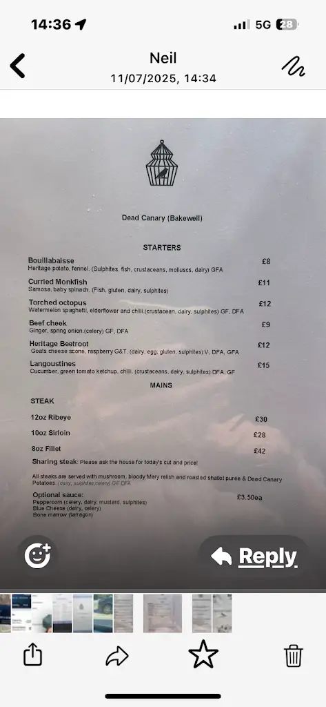 Menu_The Dead Canary_Bakewell_image_1