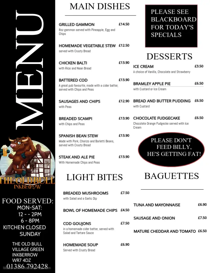 Menu_The Old Bull_Inkberrow_image_1