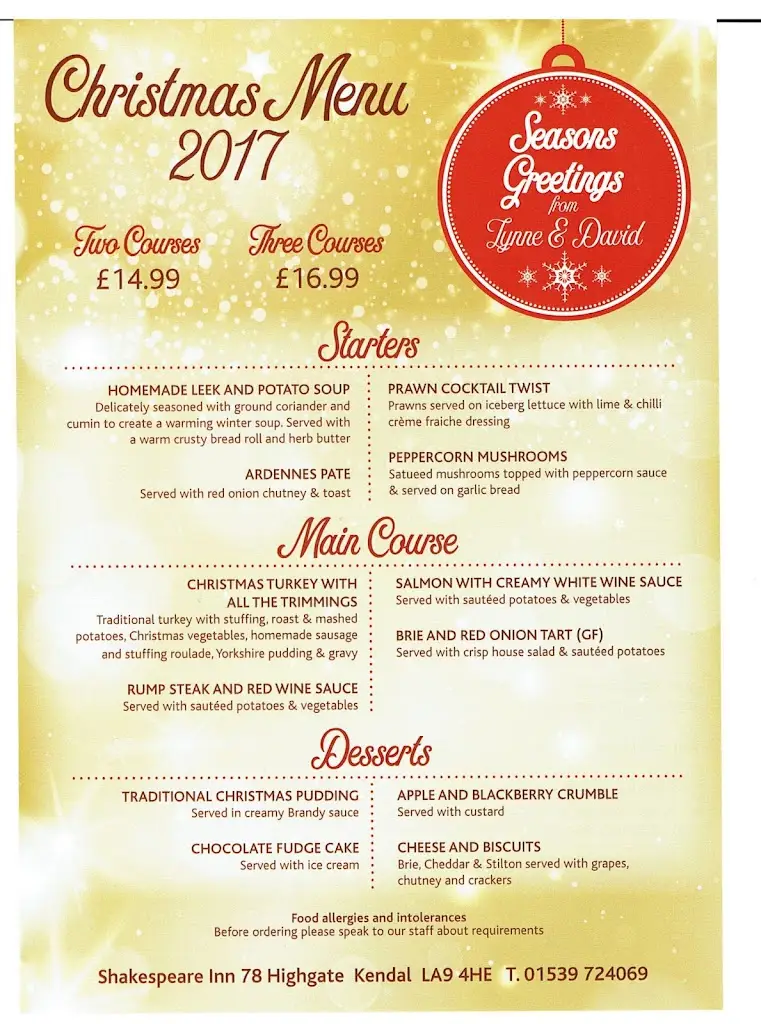 Menu_The Shakespeare Inn _Kendal_image_1
