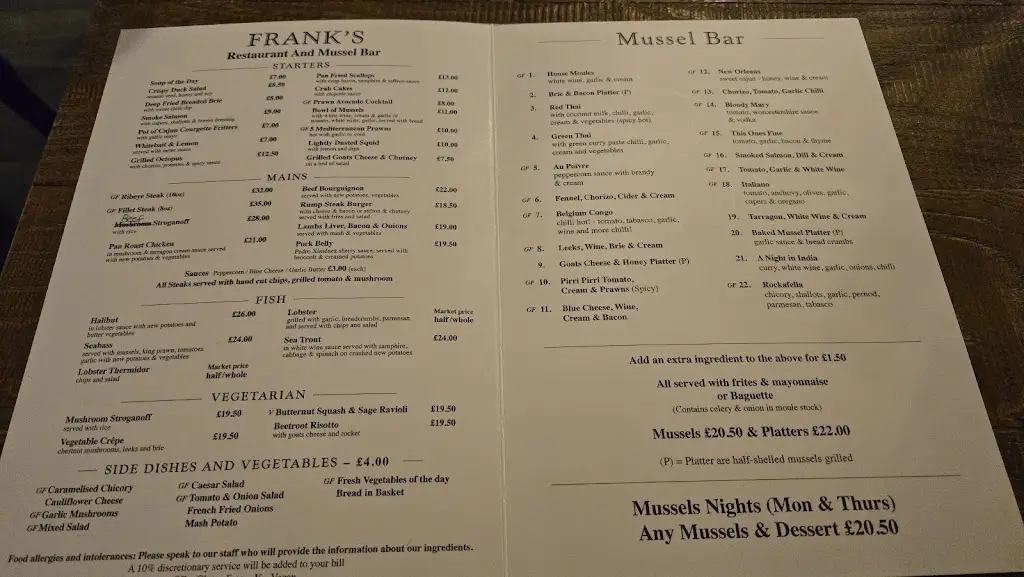 Menu_Franks Restaurant and Mussel Bar_Kings Hill_image_1