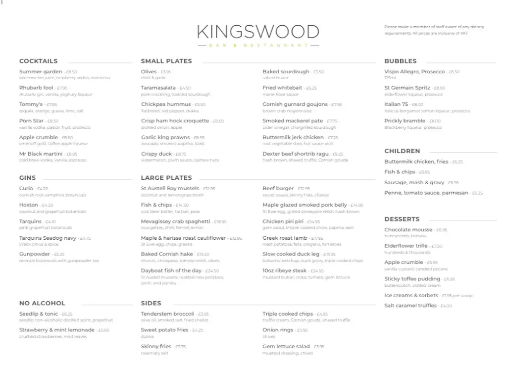 Menu_The Kingswood Restaurant & Rooms_Kingswood_image_1