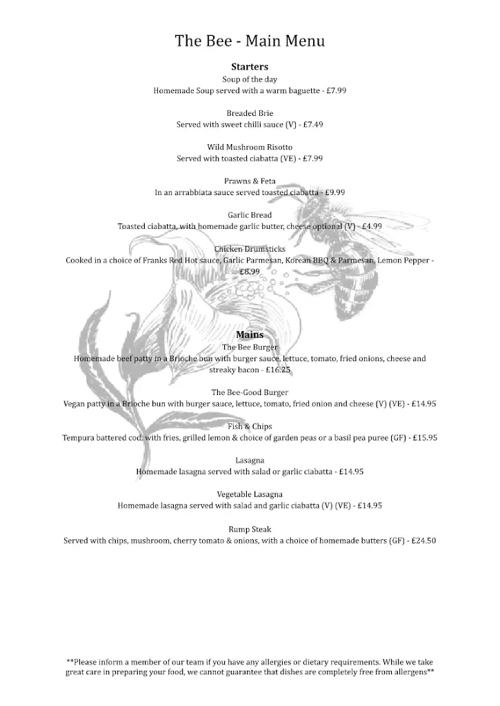 Menu_The Bee Pub, Windlesham_Bagshot_image_4